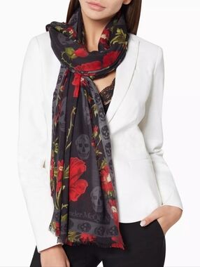 NWT Alexander McQueen Black Throw Blanket with Red Floral & Skull Motif